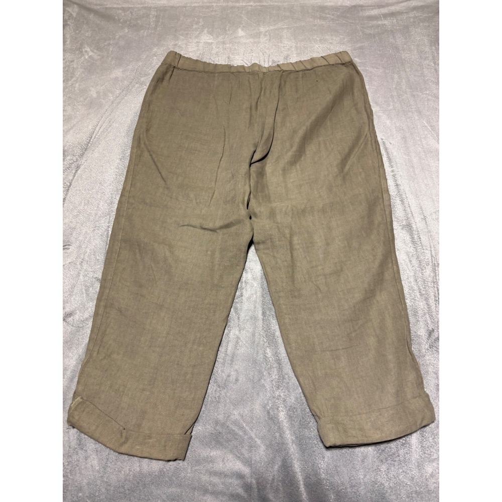 PureJill Women Size L Petite Garment Dyed Linen Green Pull On Cropped Pant